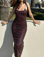 Ditsy Floral Ruched Side Spaghetti Strap Square Neck Bodycon Maxi Dress