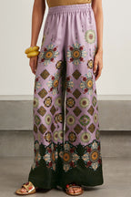 Satin Unique Print Loose Batwing Sleeve Top and Elastic Waist Pocket Casual Wide-leg Pants Set