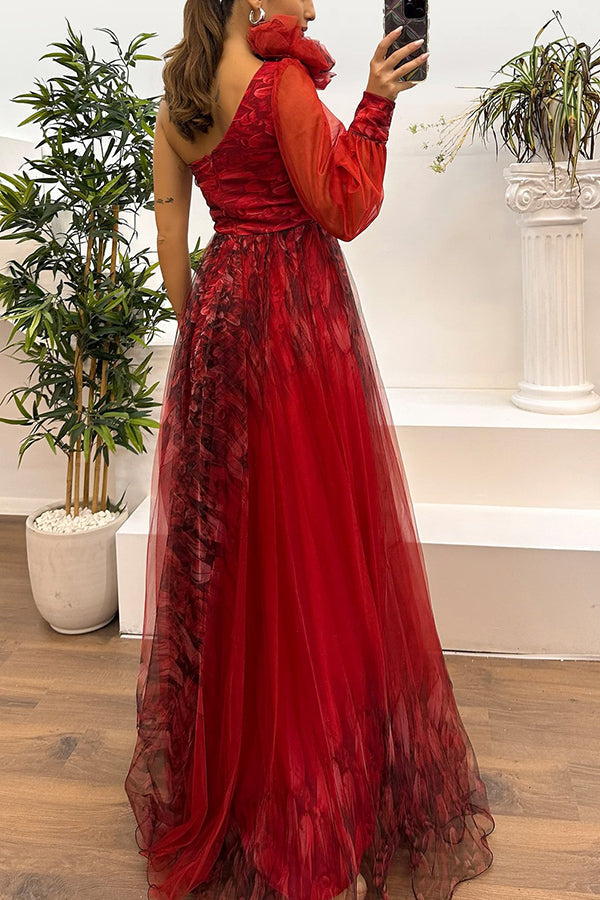 One Shoulder Floral Print Rosette Puff Sleeve Pleated Side Slit Maxi Dress