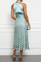Janice Satin Ruched Halter Neck Sleeveless Embroidered Polka Dot Hem Midi Dress