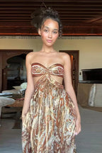Strapless Sweetheart Waist Cut Out Paisley Metallic Maxi Dress