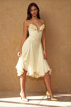 Chiffon Deep V-Neck Lace Up Corset 3D Floral A-Line Midi Dress