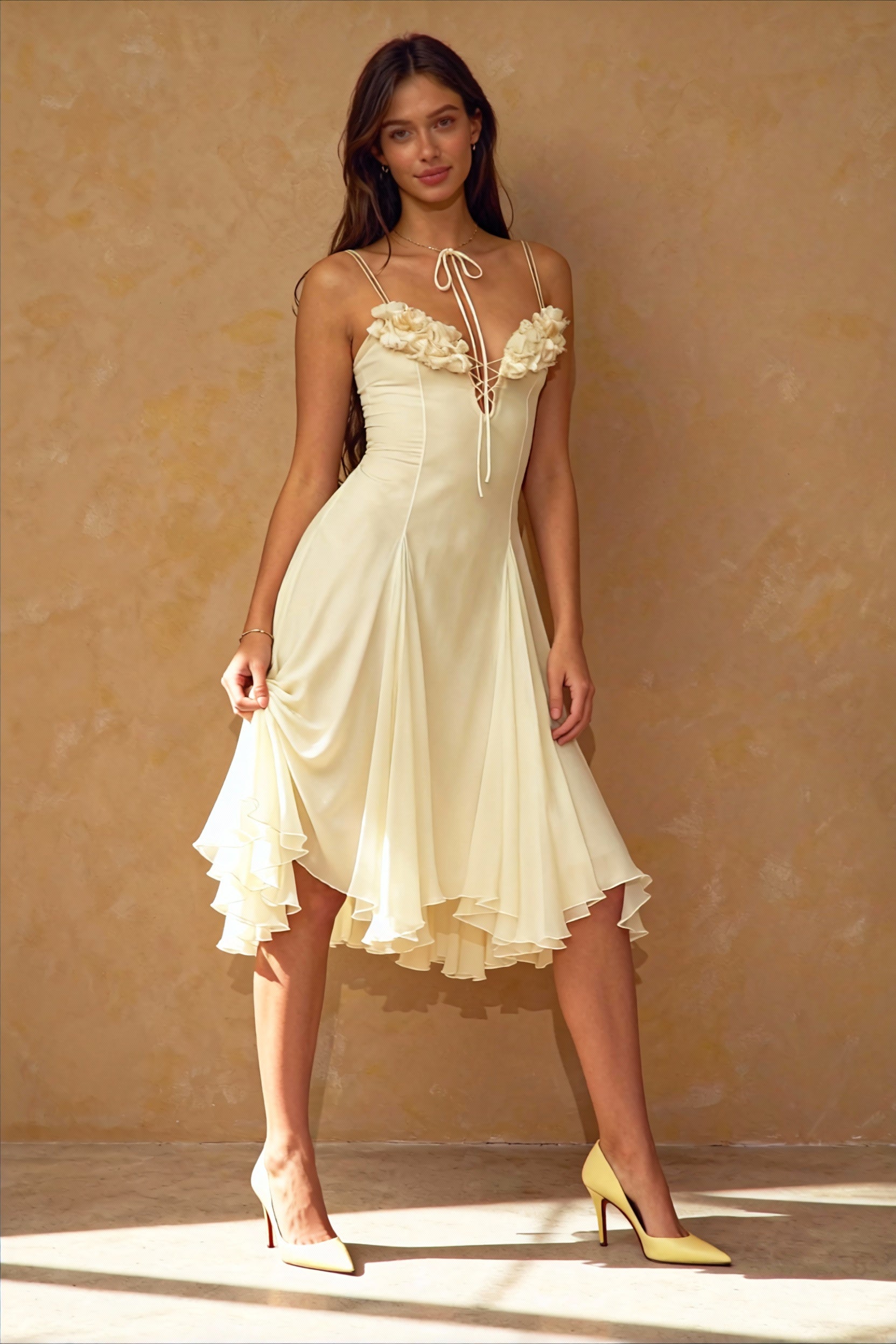 Chiffon Deep V-Neck Lace Up Corset 3D Floral A-Line Midi Dress