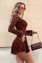 Lace Deep V-Neck Long Sleeve Fit and Flare Mini Dress