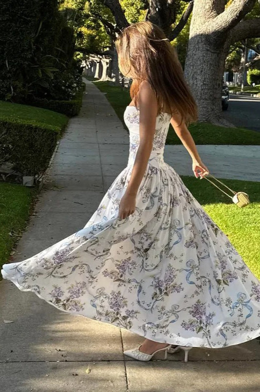 Square Neck Corset Bodice Dropped Waist Floral Ribbon Print Maxi Dress