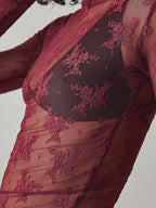 Solid See Through Lace Mock Neck Long Sleeve Tee