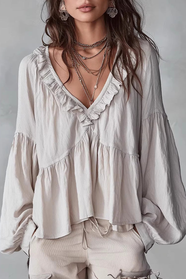 Solid Color V-neck Ruffled Puff Sleeve Loose Casual Top