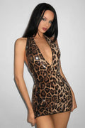 Leopard Print Sequin Halter Neck Deep V-Neck Bodycon Mini Dress