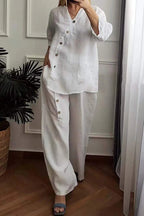 Solid Color Cotton And Linen Cropped Top & Wide Leg Pants Two-Piece Set