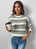 Women Pullover Sweater Hunter Green Two-Tone Jewel Neck Long Sleeves Layered Acrylic Sweaters