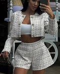 White Print O-Neck Crop Shirt Office Two Piece Set