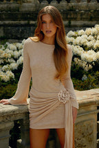 Knit Boat Neck Bell Sleeve Ruched Rosette Tie Bodycon Mini Dress