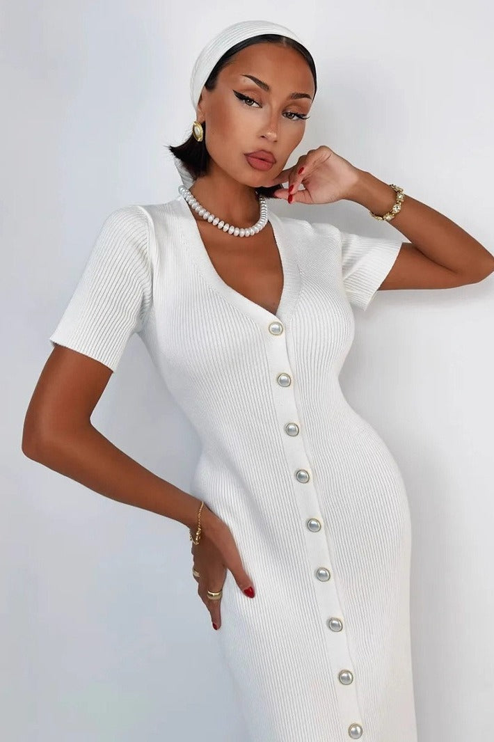 V-Neck Ribbed Knit Pearl Button Short Sleeve Bodycon Midi Sweater Dress