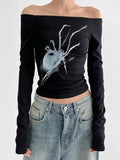 Spider Print Off Shoulder Slim Long Sleeve Tee