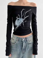 Spider Print Off Shoulder Slim Long Sleeve Tee