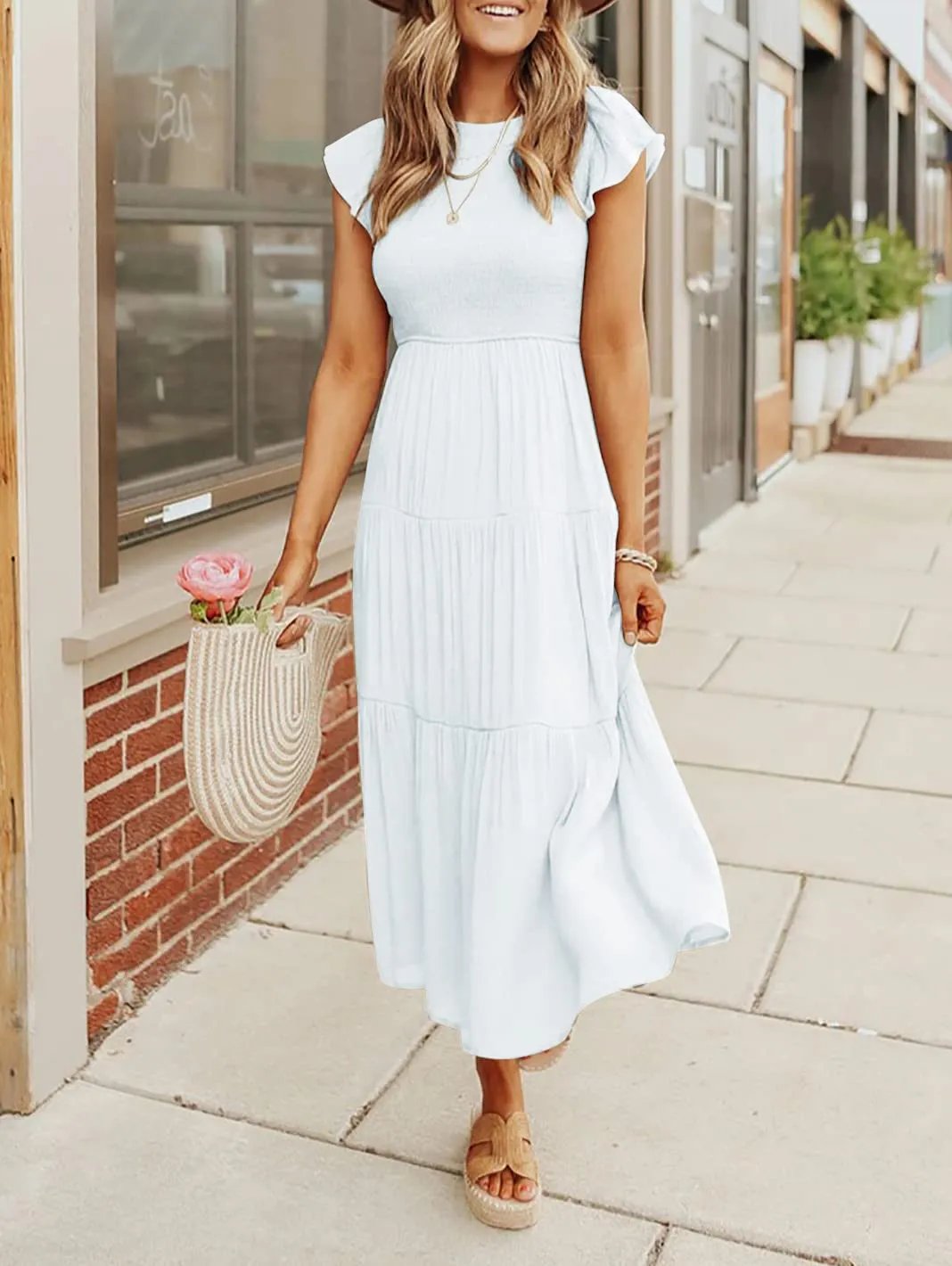 Smocked Bodice Flutter Sleeve Tiered A-Line Midi Dress