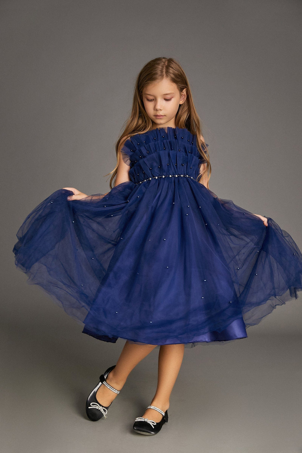 Girls Strapless Ruffled Pearl Embellished Tulle Maxi Mini Dress