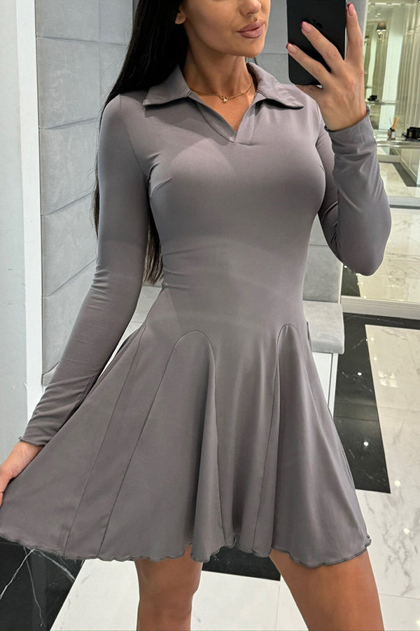 Polo Collar Deep V-Neck Paneled Skater Lettuce Hem Mini Dress