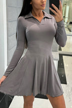 Polo Collar Deep V-Neck Paneled Skater Lettuce Hem Mini Dress
