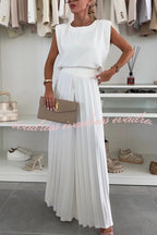 Fashionable Round Neck Shoulder Pads Top and Elastic Waist Pleated Wide-leg Pants Set