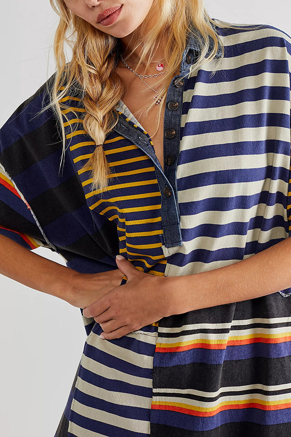 Denim Collar Striped Patchwork Polo Rugby Mini Dress