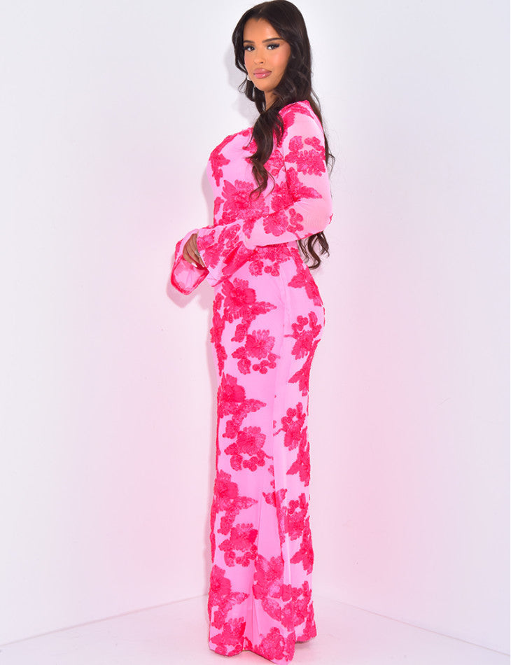 Scoop Neck Sheer Bell Sleeve Floral Sequin Embellished Mermaid Maxi Gown