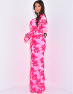 Scoop Neck Sheer Bell Sleeve Floral Sequin Embellished Mermaid Maxi Gown
