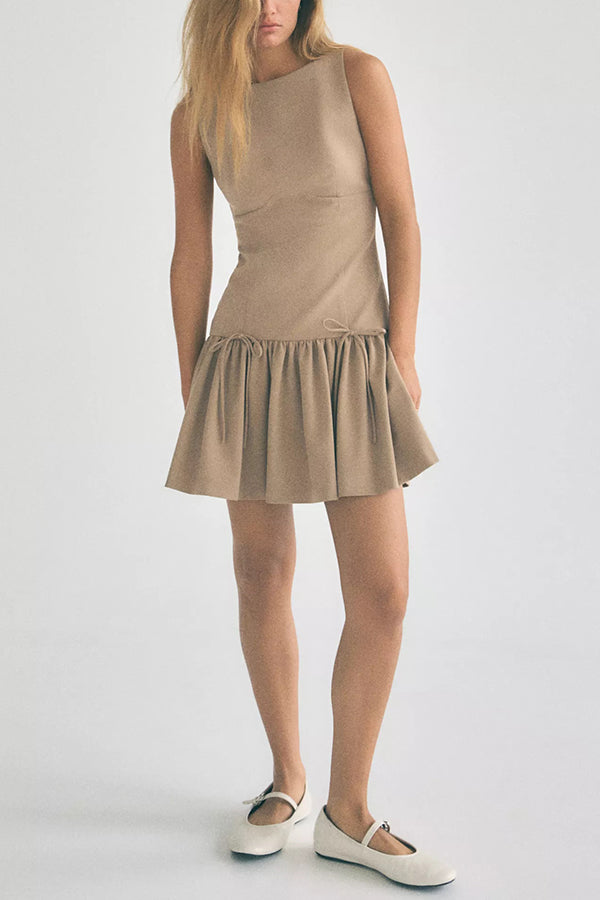 Velvet Bow Trim Drop Waist Gathered Pleated Mini Dress
