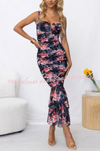 Styled To Perfection Floral Ruched Mesh Overlay Ruffle Hem Maxi Dress