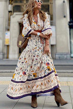Botanical Floral Print V-Neck Button Front Bishop Sleeve Tiered Maxi Dress
