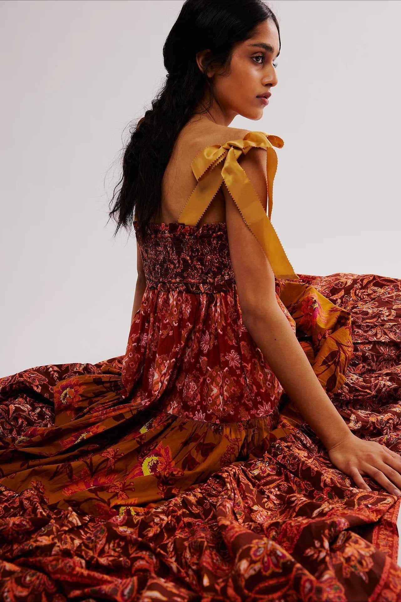 Smocked V Neck Bow Shoulder Strap Mixed Floral Tiered Maxi Dress