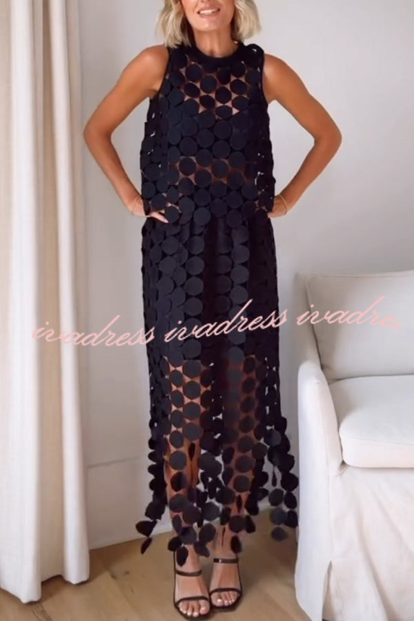 Casie See Through Circle Embroidery Elastic Waist Tassle Hem Maxi Skirt