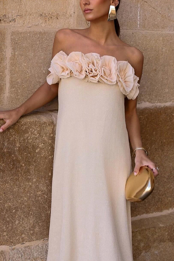 Strapless 3D Floral Rosette Applique Column Maxi Dress