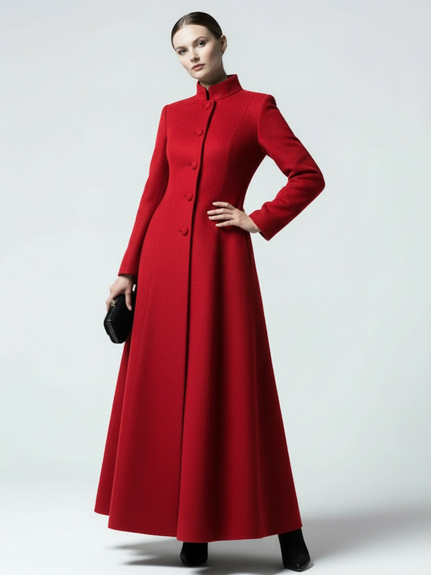 Maxi Wool Blend A-Line Coat with Stand Collar For Women 2026
