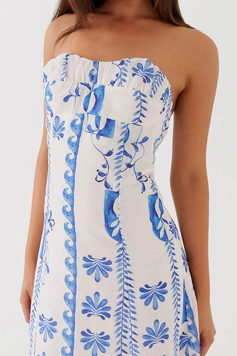 Floral Tile Print Strapless Ruffle Trim Bodycon Maxi Summer Dress