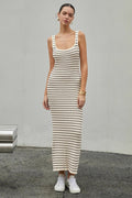 Ribbed Knit Horizontal Stripe Scoop Neck Tank Bodycon Maxi Sweater Dress
