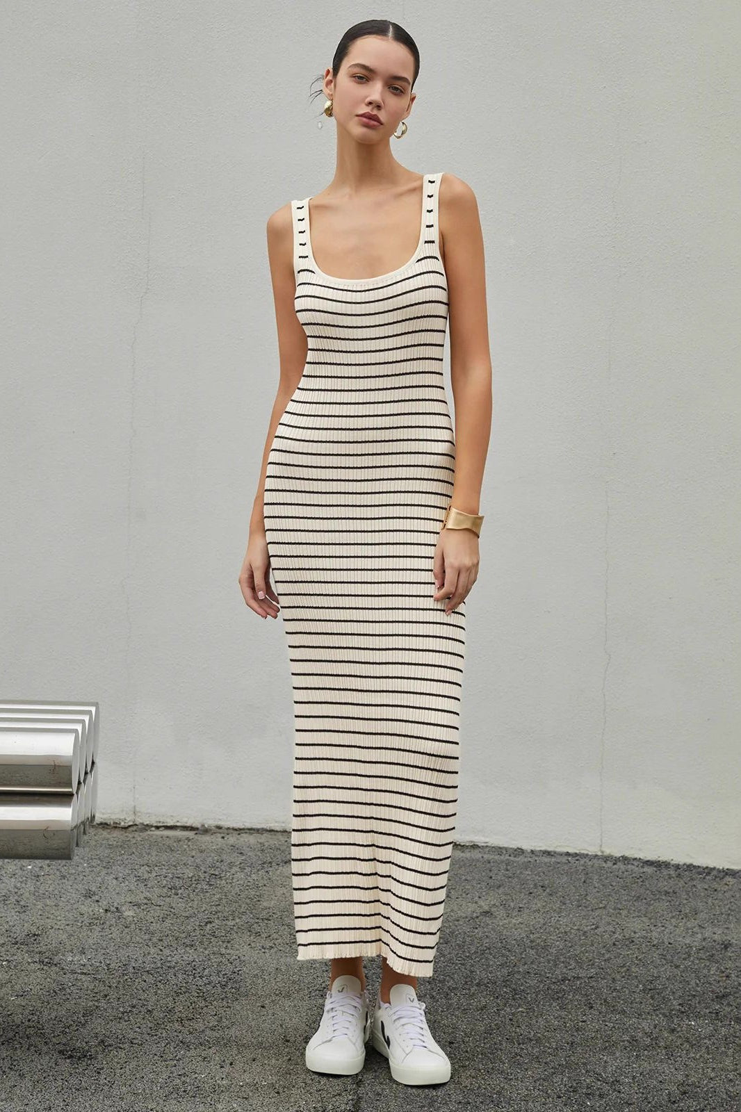 Ribbed Knit Horizontal Stripe Scoop Neck Tank Bodycon Maxi Sweater Dress