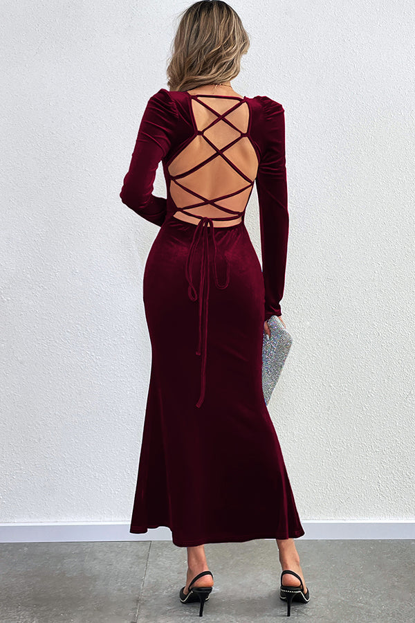 Velvet Square Neck Puff Shoulder Mermaid Hem Maxi Dress