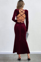 Velvet Square Neck Puff Shoulder Mermaid Hem Maxi Dress