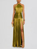 Party Dress Maxi Gold Sleeveless Backless Elegant Semi Formal Gown