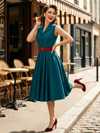 Women's 1950s Vintage Swing Dress Sleeveless Collared A-Line Tea Party Dress