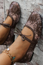 Fashionable Sequined Embroidered Square-toe Flat Casual Shoes