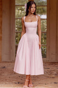 Gingham Square Neck Basque Waist Pleated Fit and Flare Midi Dress