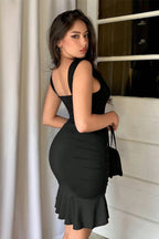 Deep V-Neck Wide Strap Ruched Ruffle Flounce Hem Bodycon Mini Dress