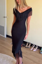 Solid Color V-neck Off-shoulder Slim-fit Tassel Midi Dress