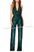 Shimmering Halter Style Drape Neck Wide Leg Jumpsuit