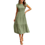 Smocked Bodice Flutter Sleeve Tiered A-Line Midi Dress