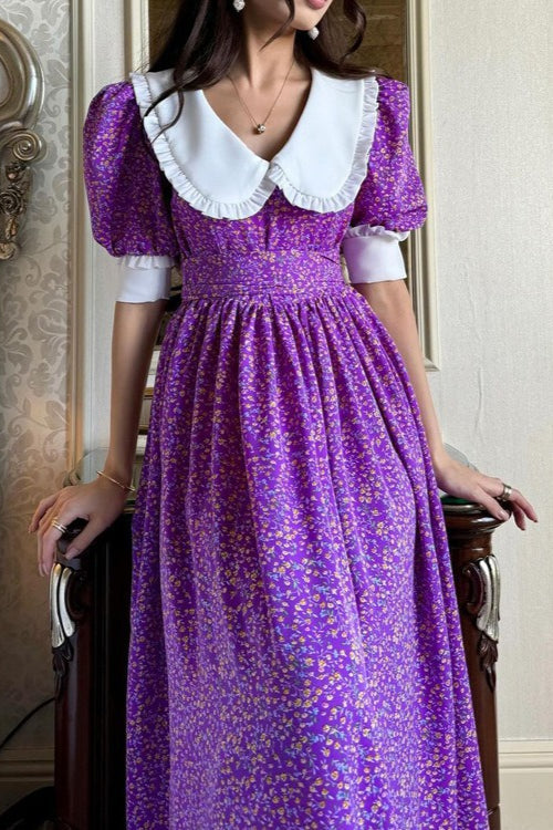 Purple Peter Pan Collar Short Sleeve Tie Waist Tiered Maxi Floral Print Dress