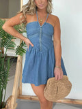 Lara Elevated Casual Lace Halter Neck Denim Dress Chic Silhouette Collection