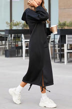 Oversized Hooded Kangaroo Pocket Drawstring Hem Side Slit Midi Sweatshirt Dress